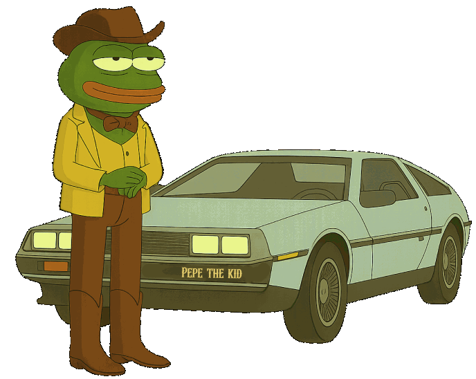 Pepe The Kid standing with a retro coupe in a cinematic Wild West poster scene